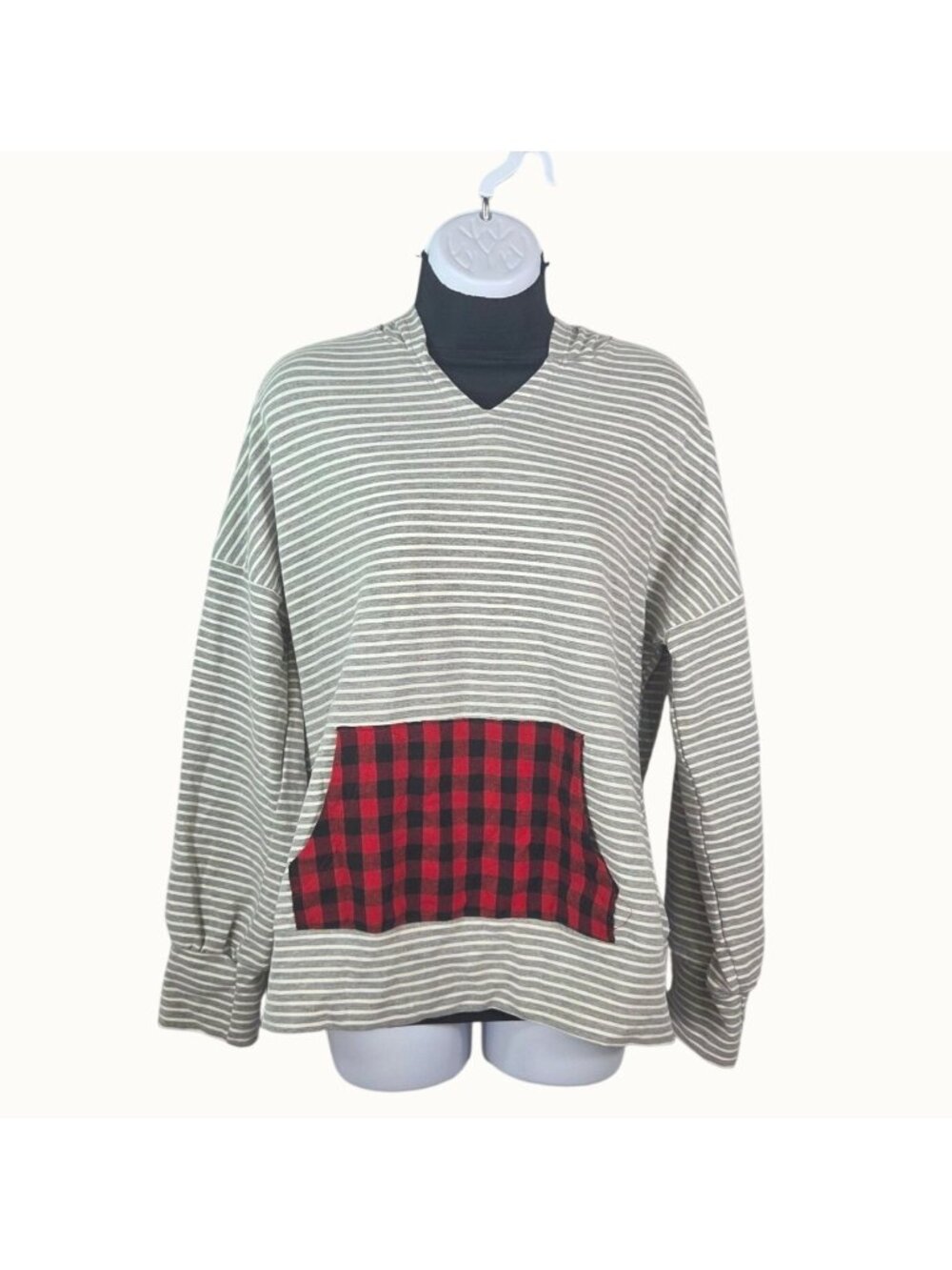 Andree By Unit Striped V-Neck Hoodie Sweatshirt With Red Plaid Pocket Medium